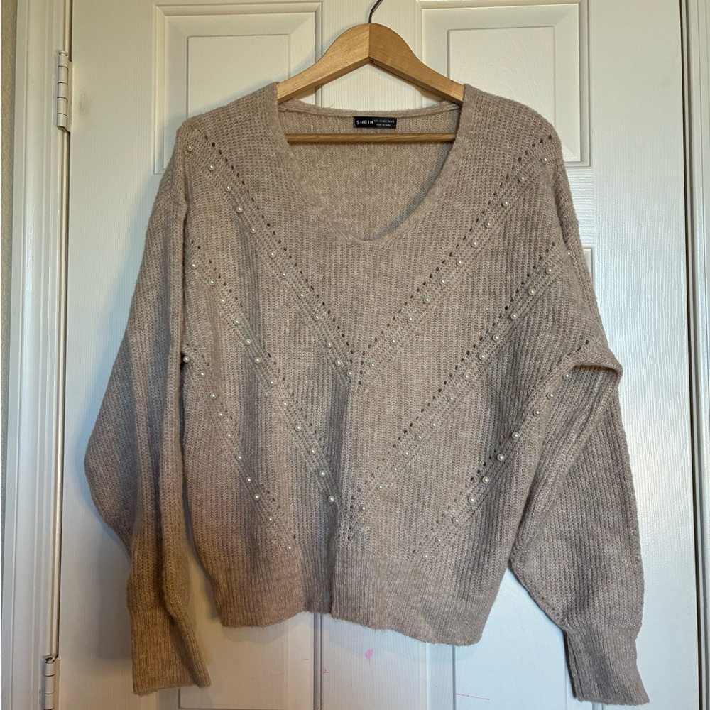 SHEIN Taupe V-Neck Sweater with Pearl Details